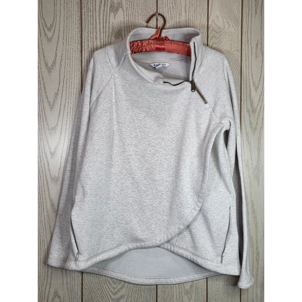 Athleta Cozy Karma Asym Pullover Heathered Beige Oatmeal Fleece M 383402-20